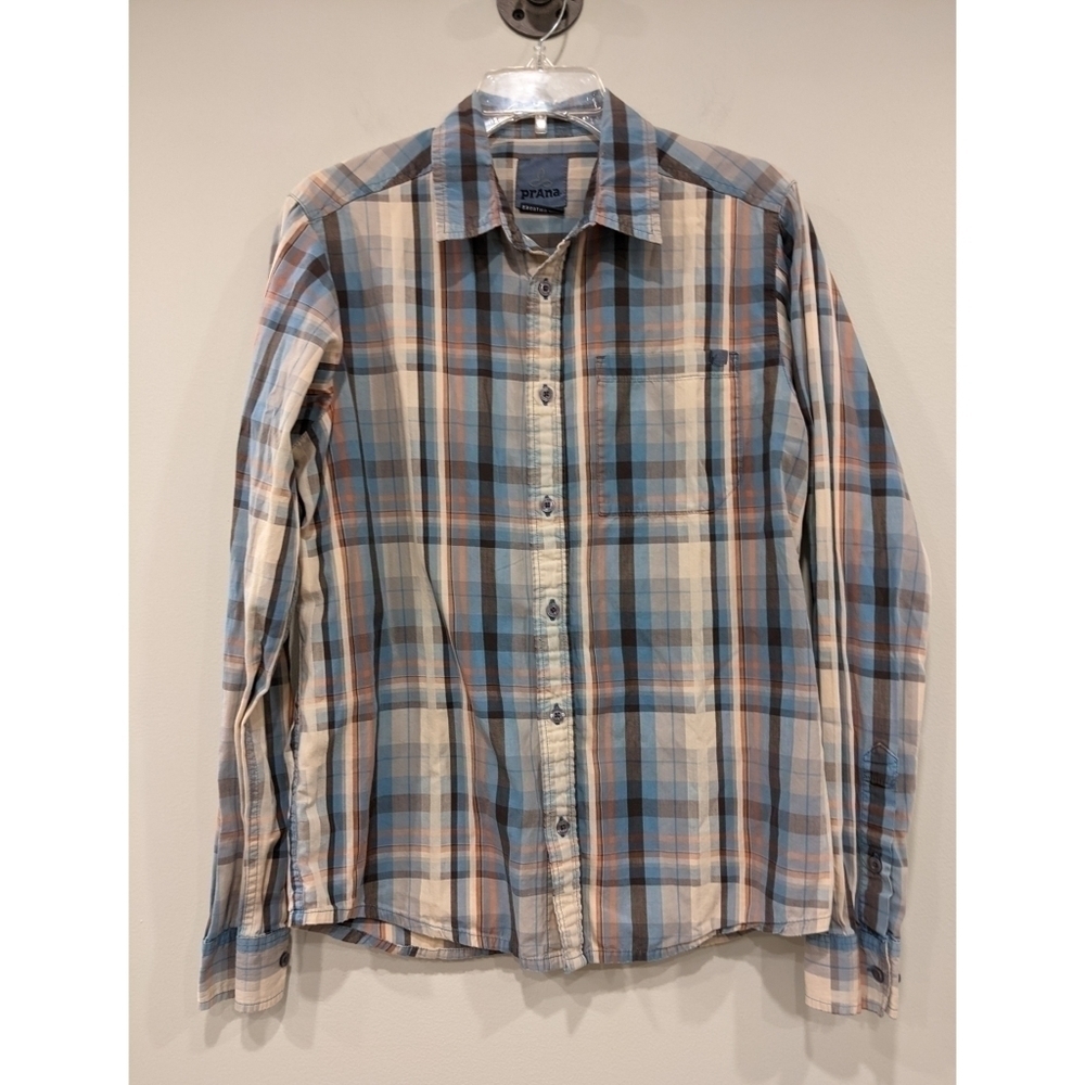 PrAna Blue Orange Plaid Long Sleeve Button Down Shirt Size Small